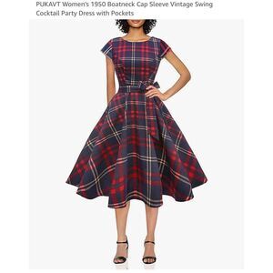 PUKAVT Plaid Red Blue 1950’s Boat Neck Retro Flair Dress M